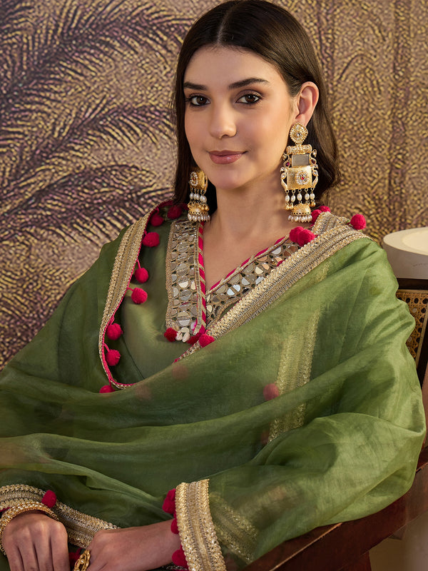 Floral Embroidered Straight Kurta With Trouser & Dupatta Kurta Set