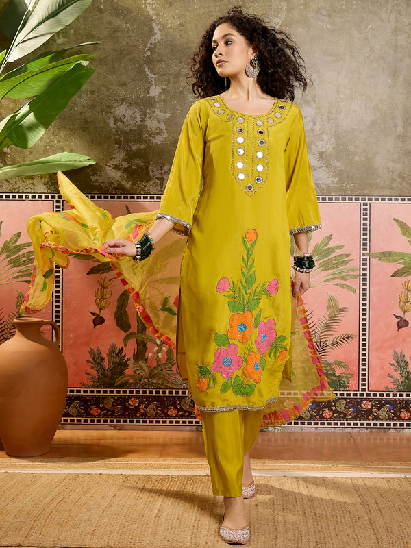 Floral Embroidered Straight Kurta With Trouser & Dupatta Kurta Set