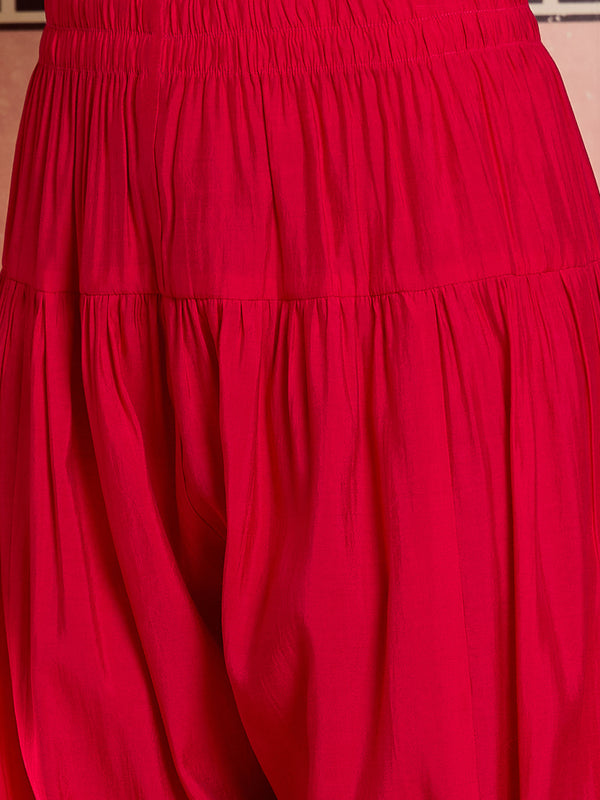 Fuchsia Floral Embroidered Straight Kurta With Trouser & Dupatta Kurta Set