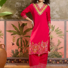 Fuchsia Floral Embroidered Straight Kurta With Trouser & Dupatta Kurta Set