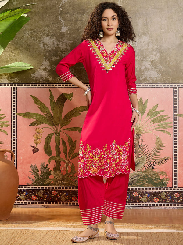 Fuchsia Floral Embroidered Straight Kurta With Trouser & Dupatta Kurta Set