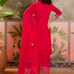 Fuchsia Floral Embroidered Straight Kurta With Trouser & Dupatta Kurta Set