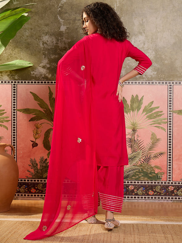 Fuchsia Floral Embroidered Straight Kurta With Trouser & Dupatta Kurta Set