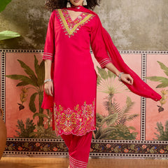 Fuchsia Floral Embroidered Straight Kurta With Trouser & Dupatta Kurta Set