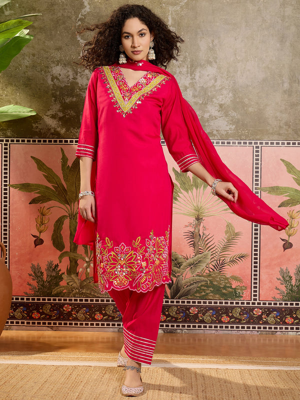 Fuchsia Floral Embroidered Straight Kurta With Trouser & Dupatta Kurta Set