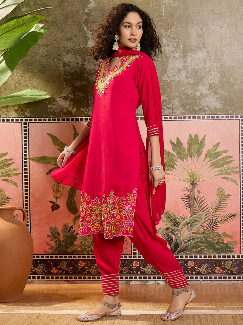 Fuchsia Floral Embroidered Straight Kurta With Trouser & Dupatta Kurta Set