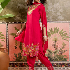 Fuchsia Floral Embroidered Straight Kurta With Trouser & Dupatta Kurta Set