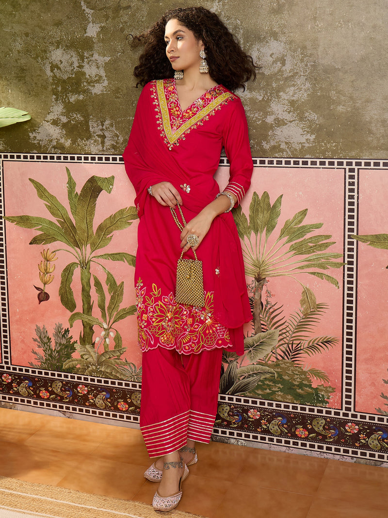 Fuchsia Floral Embroidered Straight Kurta With Trouser & Dupatta Kurta Set
