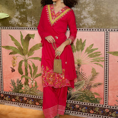 Fuchsia Floral Embroidered Straight Kurta With Trouser & Dupatta Kurta Set