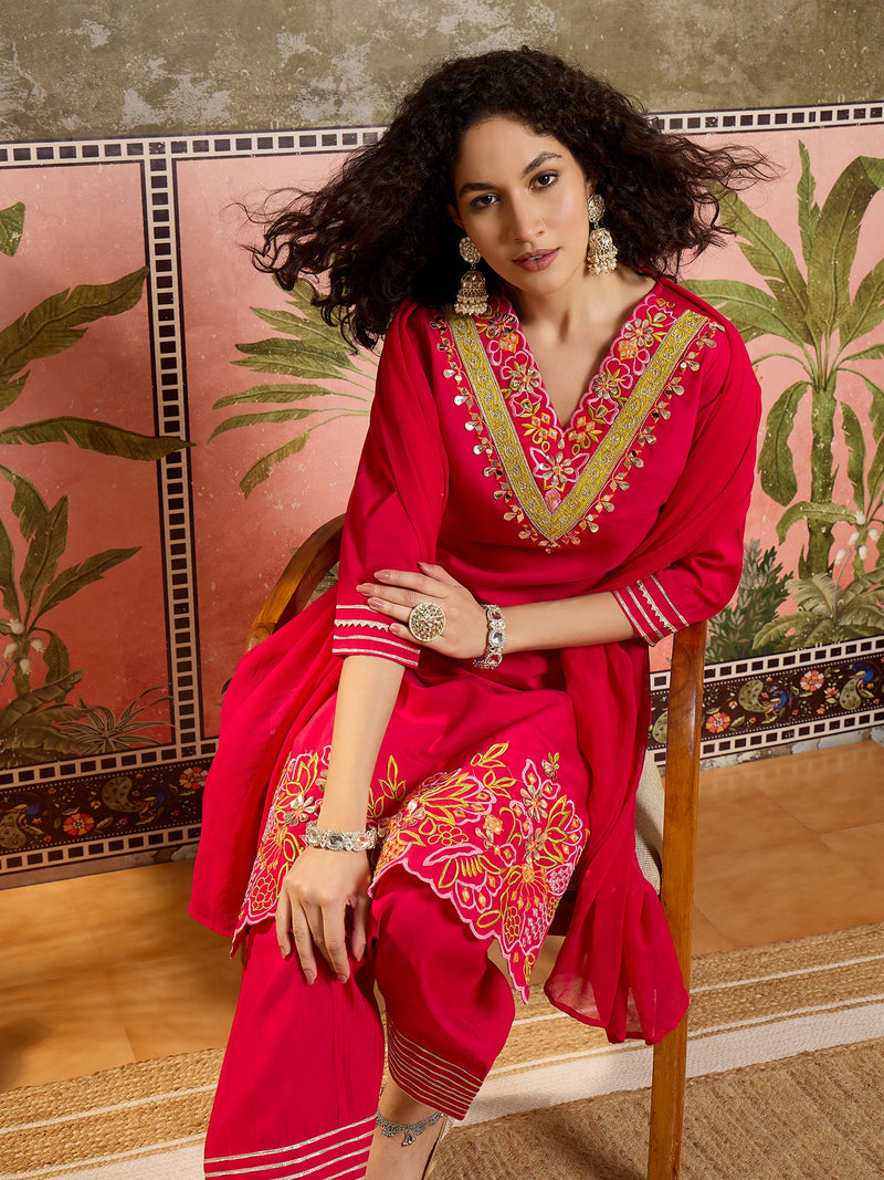 Fuchsia Floral Embroidered Straight Kurta With Trouser & Dupatta Kurta Set
