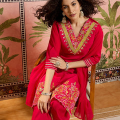 Fuchsia Floral Embroidered Straight Kurta With Trouser & Dupatta Kurta Set