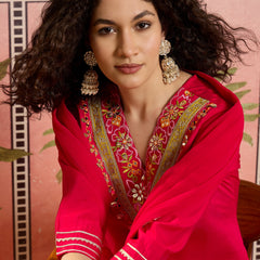 Fuchsia Floral Embroidered Straight Kurta With Trouser & Dupatta Kurta Set