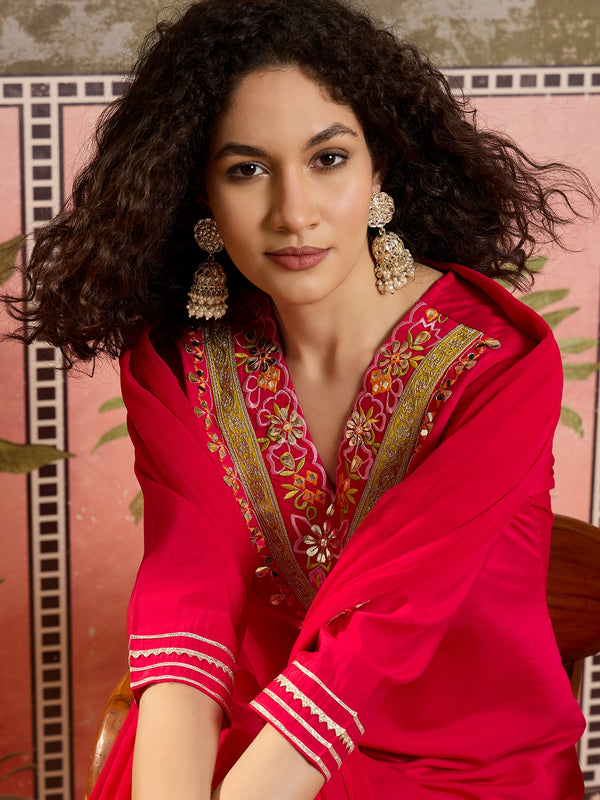 Fuchsia Floral Embroidered Straight Kurta With Trouser & Dupatta Kurta Set