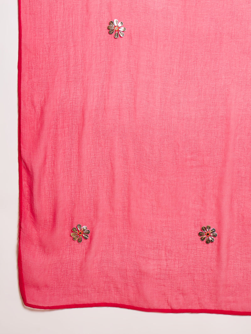 Fuchsia Floral Embroidered Straight Kurta With Trouser & Dupatta Kurta Set