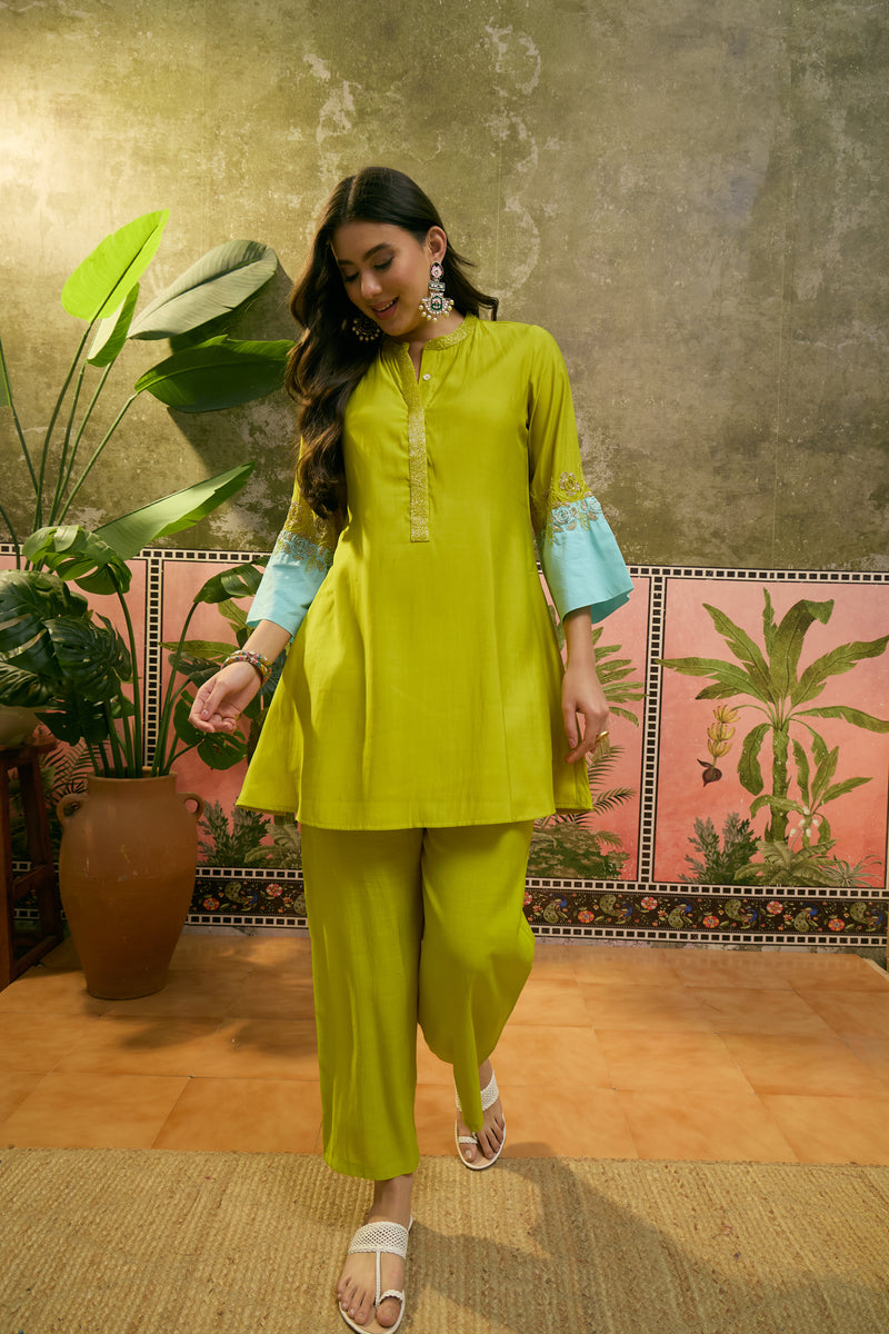 Floral Embroidered A-Line Tunic With Trouser Co-Ords Set