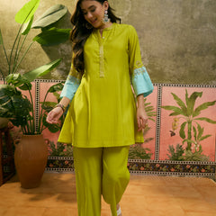 Floral Embroidered A-Line Tunic With Trouser Co-Ords Set