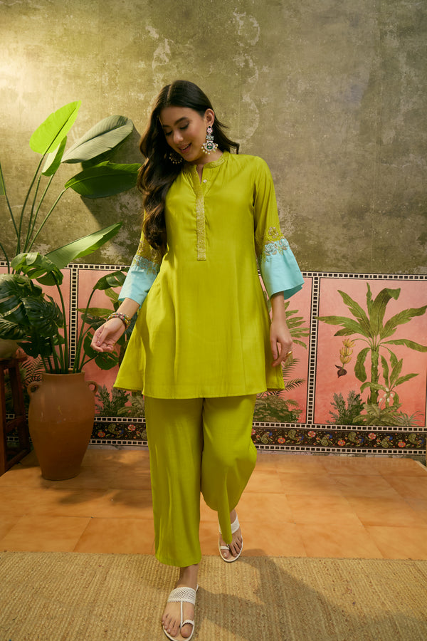 Floral Embroidered A-Line Tunic With Trouser Co-Ords Set