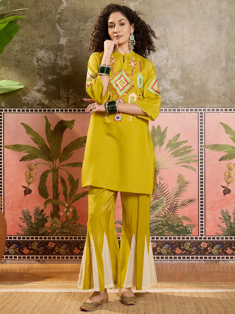 Mustard Embroidered Tunic With Sharara Co-Ords Set