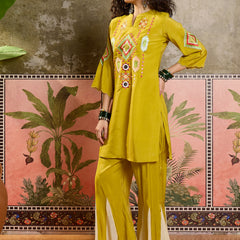 Mustard Embroidered Tunic With Sharara Co-Ords Set
