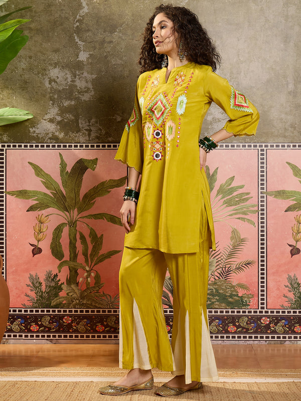 Mustard Embroidered Tunic With Sharara Co-Ords Set
