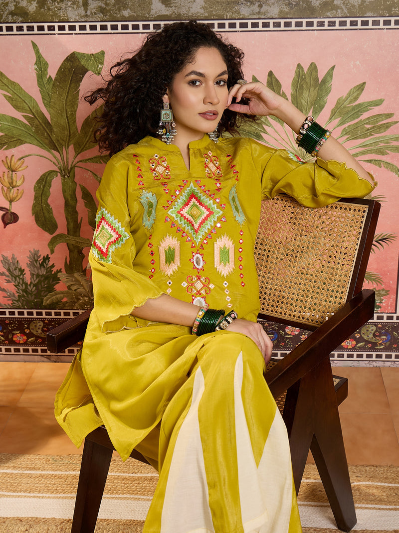 Mustard Embroidered Tunic With Sharara Co-Ords Set