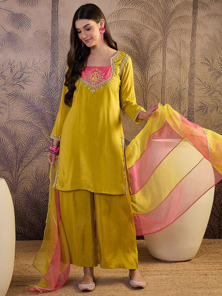Mustard Floral Embroidered Straight Kurta With Palazzo & Dupatta Kurta Set