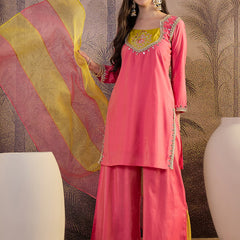 Pink Floral Embroidered Straight Kurta With Palazzo & Dupatta Kurta Set