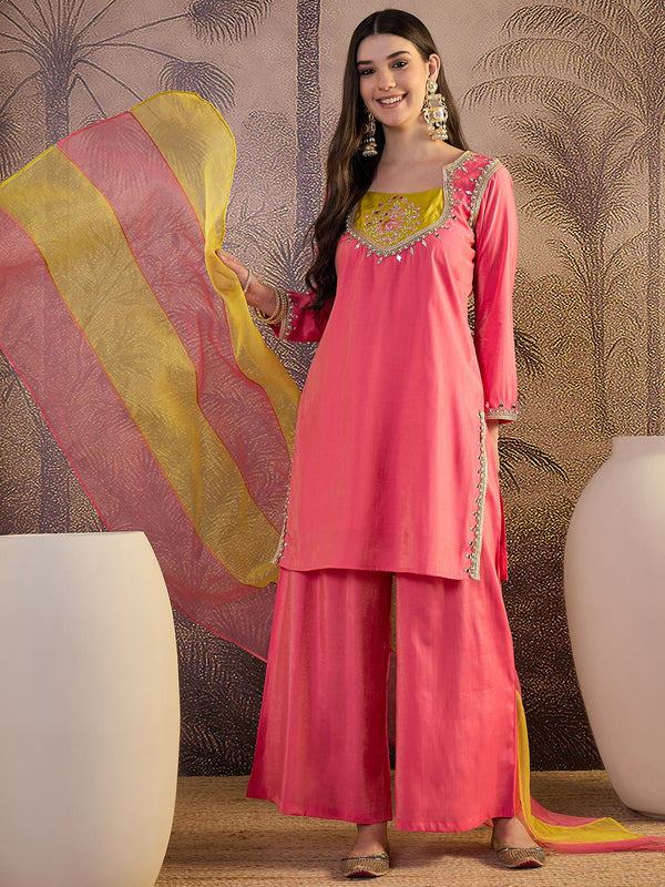 Floral Embroidered Straight Kurta With Palazzo & Dupatta Kurta Set