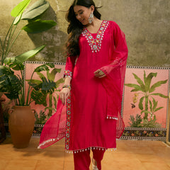 Dark Pink Floral Embroidered Straight Kurta With Trouser & Dupatta Kurta Set