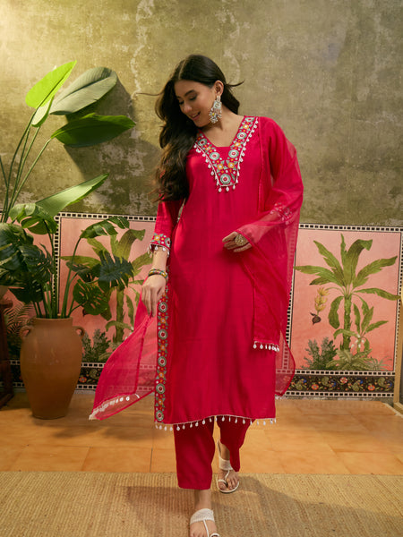 Dark Pink Floral Embroidered Straight Kurta With Trouser & Dupatta Kurta Set