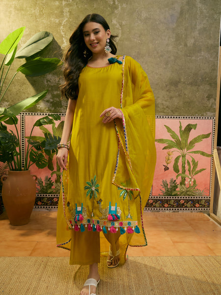 Mustard Embroidered Sholder Straps Straight Kurta With Trouser & Dupatta Kurta Set