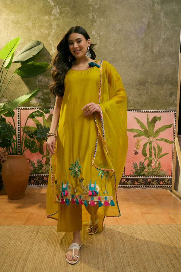 Mustard Embroidered Sholder Straps Straight Kurta With Trouser & Dupatta Kurta Set