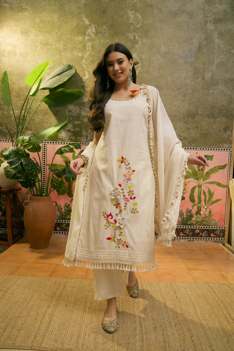 Pure Cotton Embroidered Sholder Straps Straight Kurta With Trouser & Dupatta Kurta Set