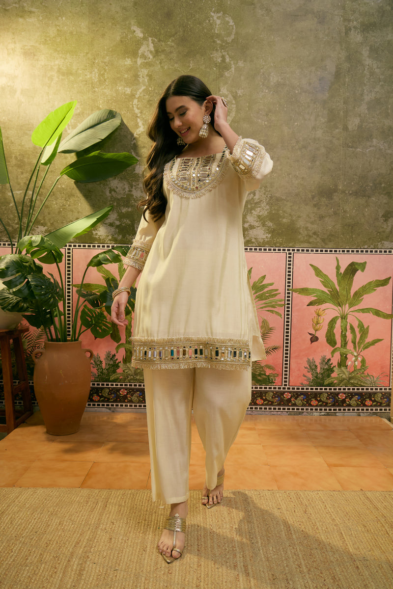 Embroidered & Mirror Work Straight Kurta With Trouser & Bags Kurta Set
