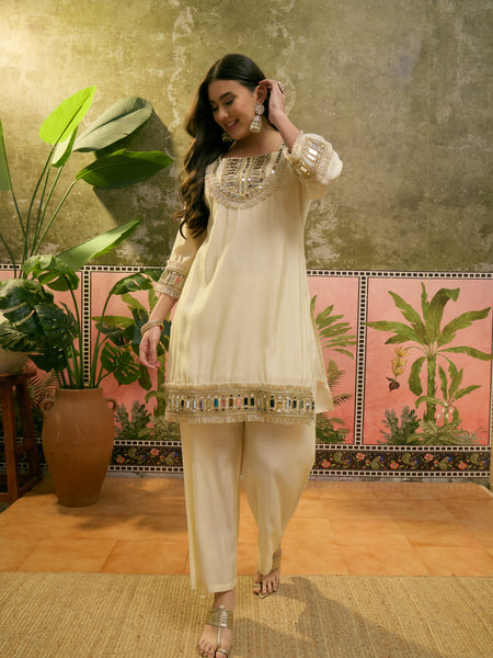 Embroidered & Mirror Work Straight Kurta With Trouser & Bags Kurta Set