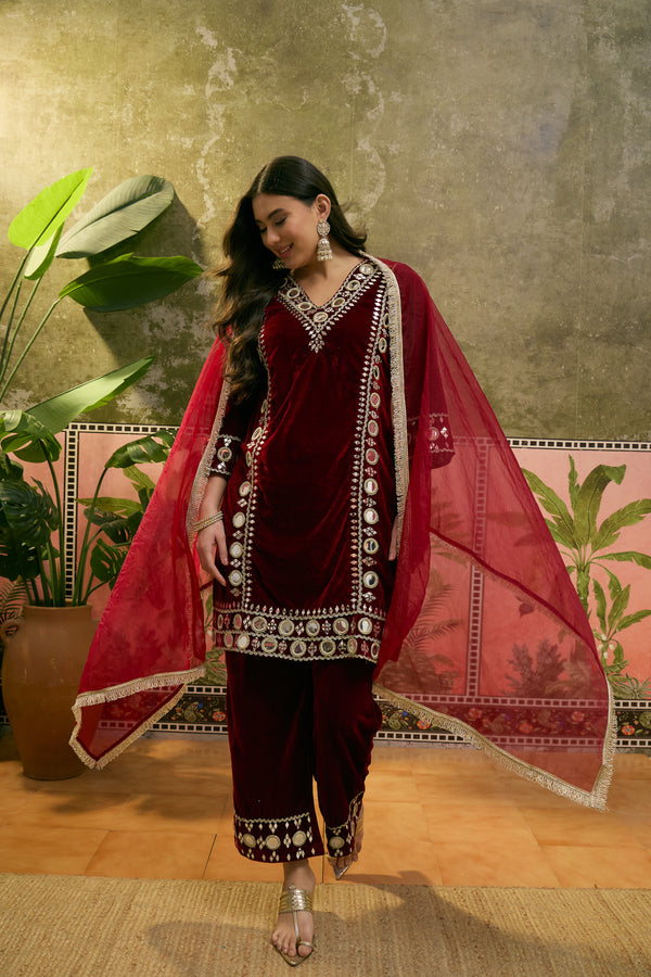 Maroon Floral Embroidered Velvet Straight Kurta With Trouser & Dupatta Kurta Set