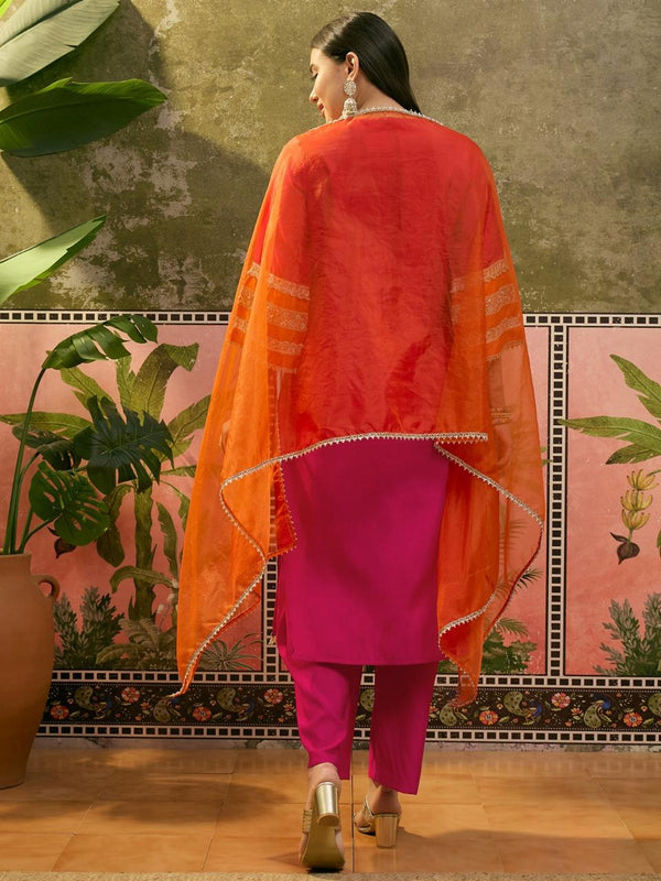 Floral Embroidered & Sequinned A-Line Kurta With Trouser & Dupatta Kurta Set