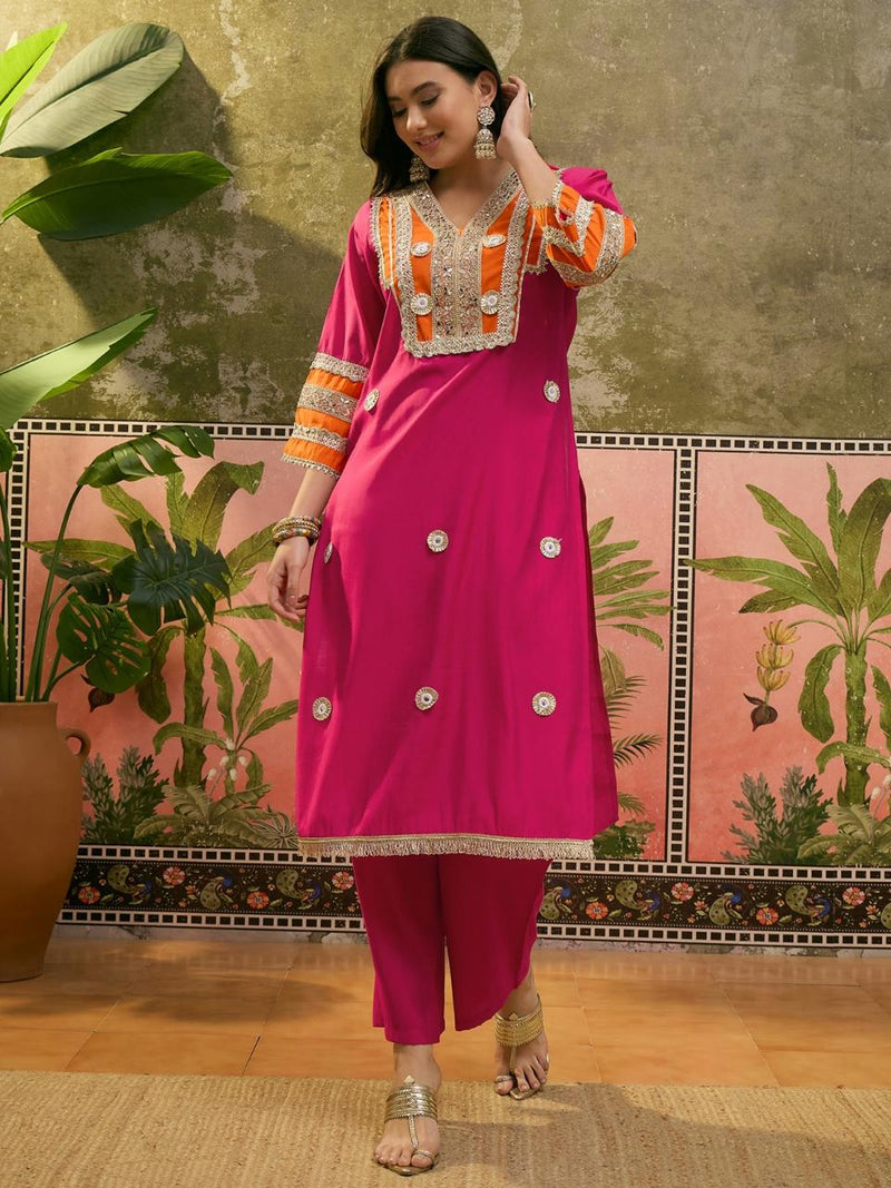 Floral Embroidered & Sequinned A-Line Kurta With Trouser & Dupatta Kurta Set