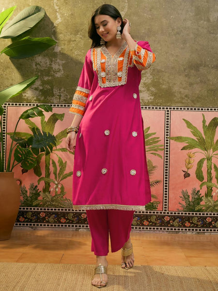 Floral Embroidered & Sequinned A-Line Kurta With Trouser & Dupatta Kurta Set