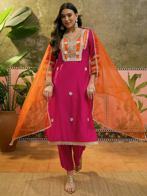Floral Embroidered & Sequinned A-Line Kurta With Trouser & Dupatta Kurta Set