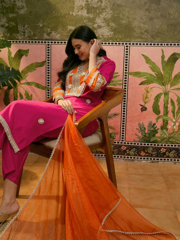 Floral Embroidered & Sequinned A-Line Kurta With Trouser & Dupatta Kurta Set