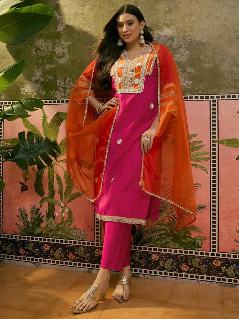 Floral Embroidered & Sequinned A-Line Kurta With Trouser & Dupatta Kurta Set