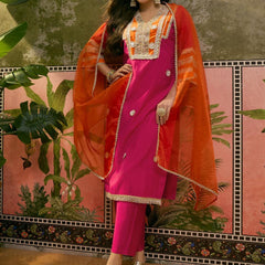 Floral Embroidered & Sequinned A-Line Kurta With Trouser & Dupatta Kurta Set