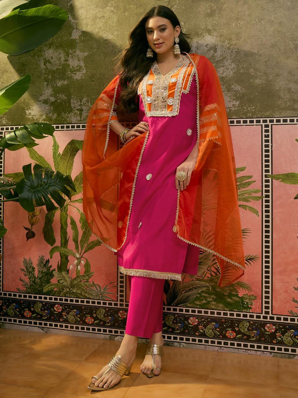 Floral Embroidered & Sequinned A-Line Kurta With Trouser & Dupatta Kurta Set