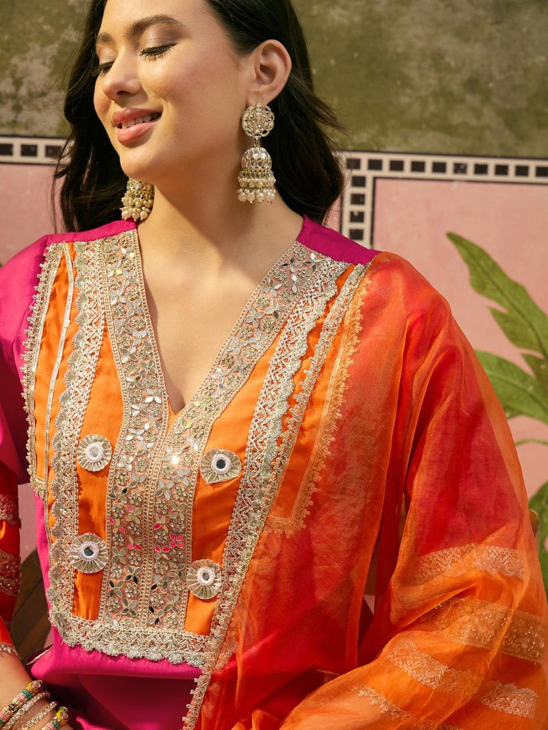 Floral Embroidered & Sequinned A-Line Kurta With Trouser & Dupatta Kurta Set