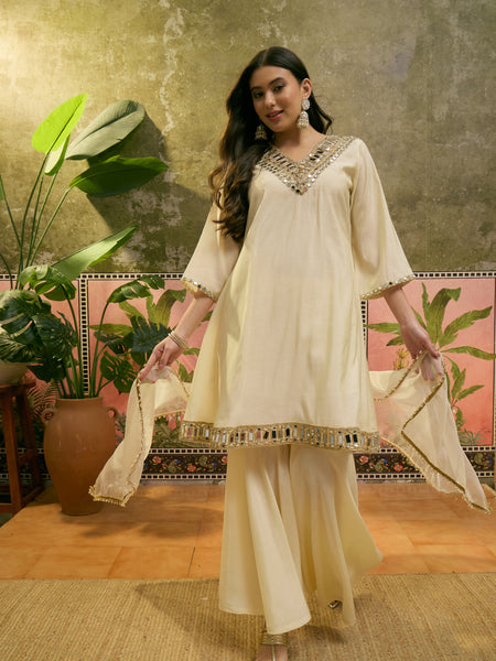 Cream Mirror Work A-Line Kurta With Sharara & Dupatta Kurta Set