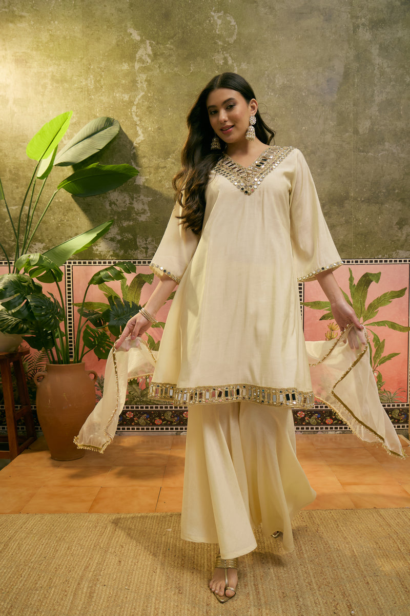 Cream Mirror Work A-Line Kurta With Sharara & Dupatta Kurta Set