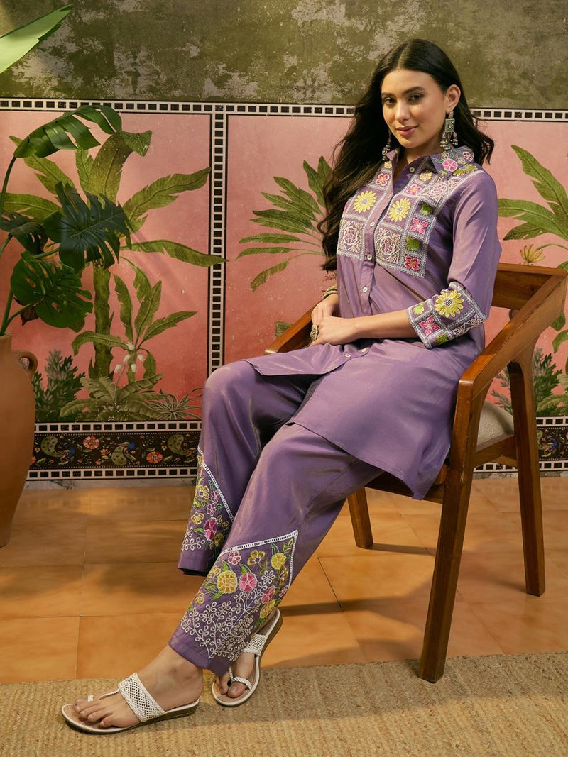 Floral Embroidered Tunic With Trouser Co-Ords Set