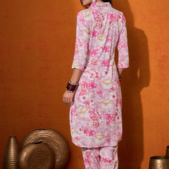 Floral Printed & Mirror Work  Pathani Kurta with Trousers Kurta Set