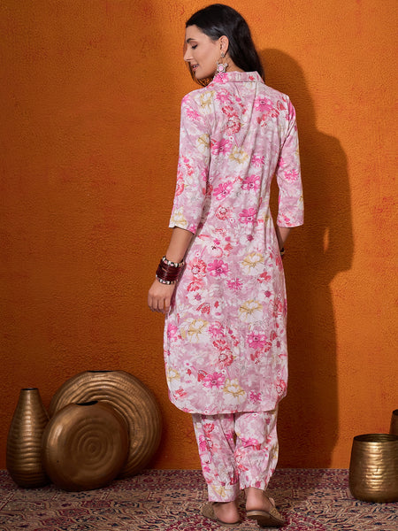 Floral Printed & Mirror Work  Pathani Kurta with Trousers Kurta Set